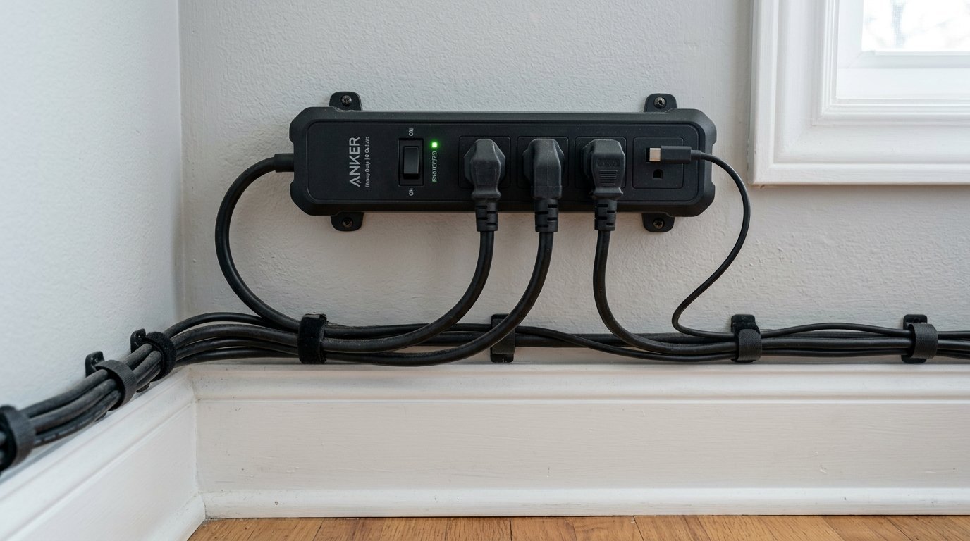 Black power strip mounted to wall with plugged-in cords secured by velcro ties along baseboard.