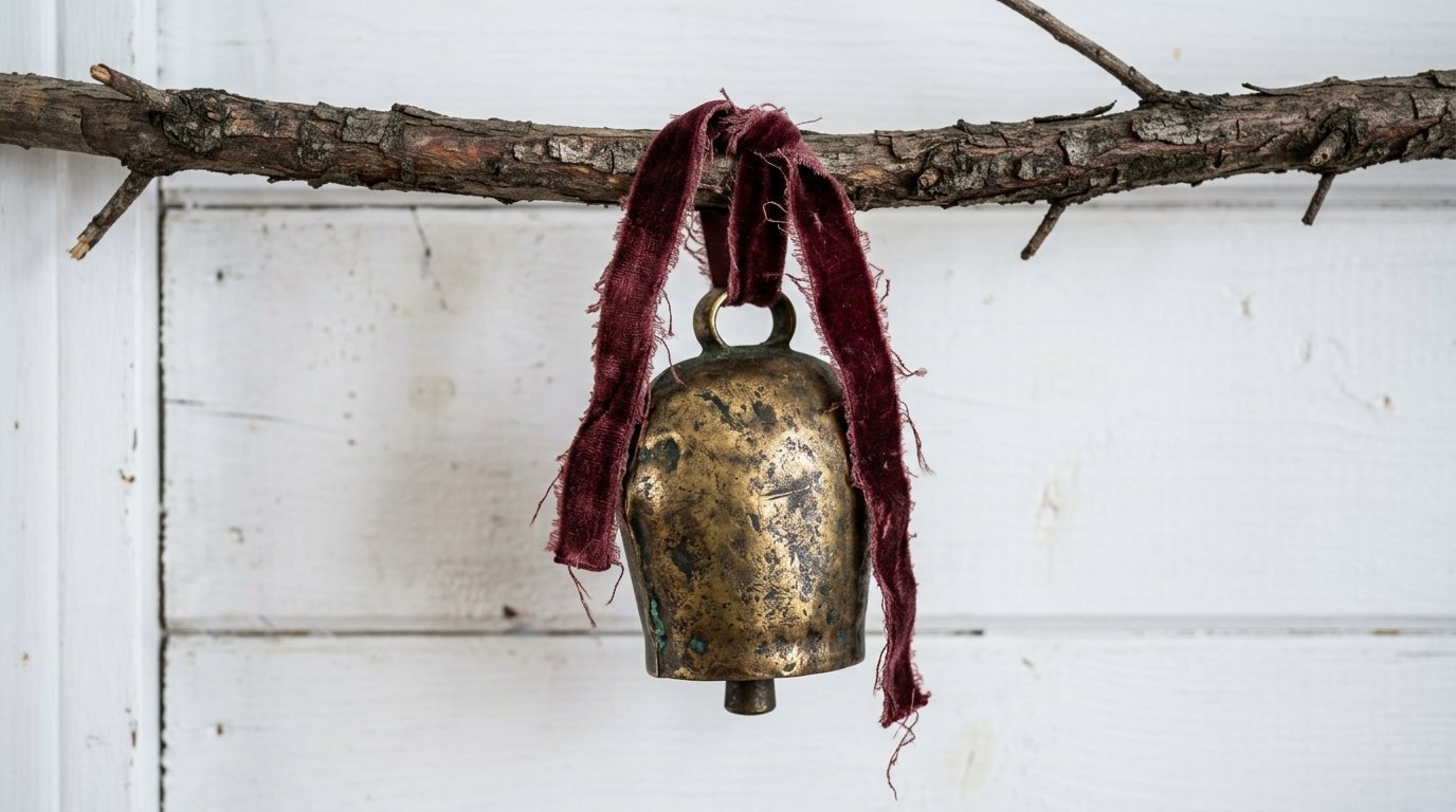 A vintage metal bell suspended by a frayed deep red velvet ribbon on a textured brown twig against white paneling.