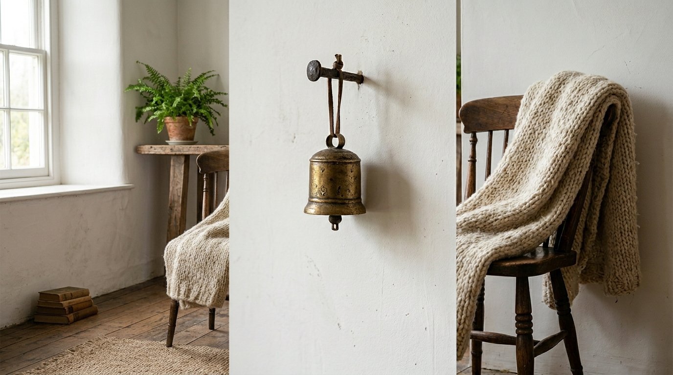 An old tarnished brass bell suspended from a dark metal nail on a minimalist white interior wall.