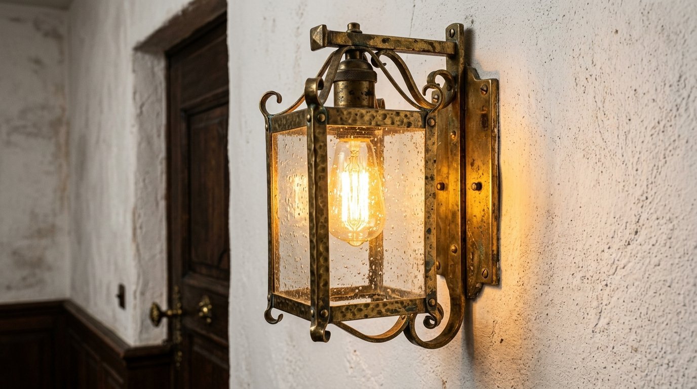 An ornate rustic metal wall lamp with seeded glass panels and a warm Edison filament bulb.