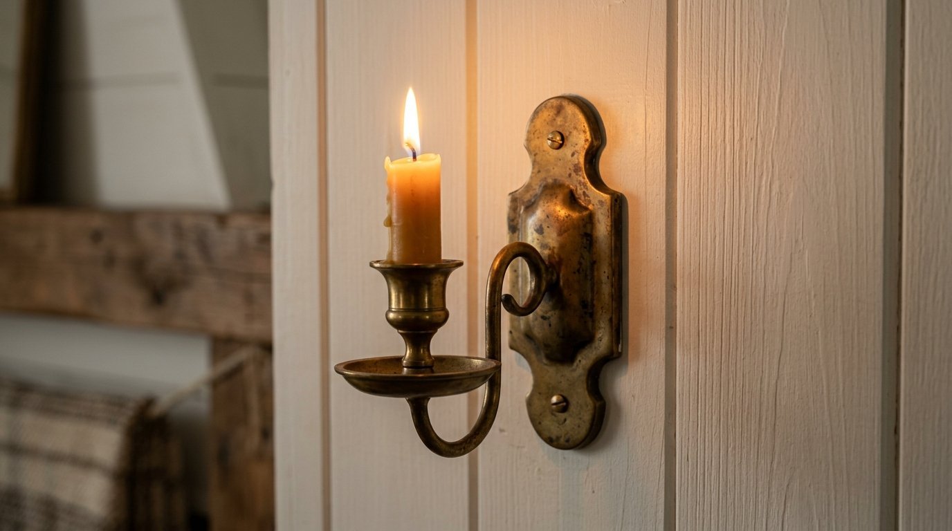 Vintage brass candle holder attached to a white wooden wall with a burning flame.