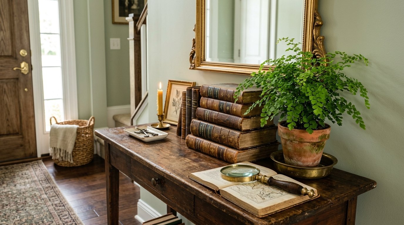 Vintage books, a fern in a clay pot, and a magnifying glass resting on a dark wood hallway table.