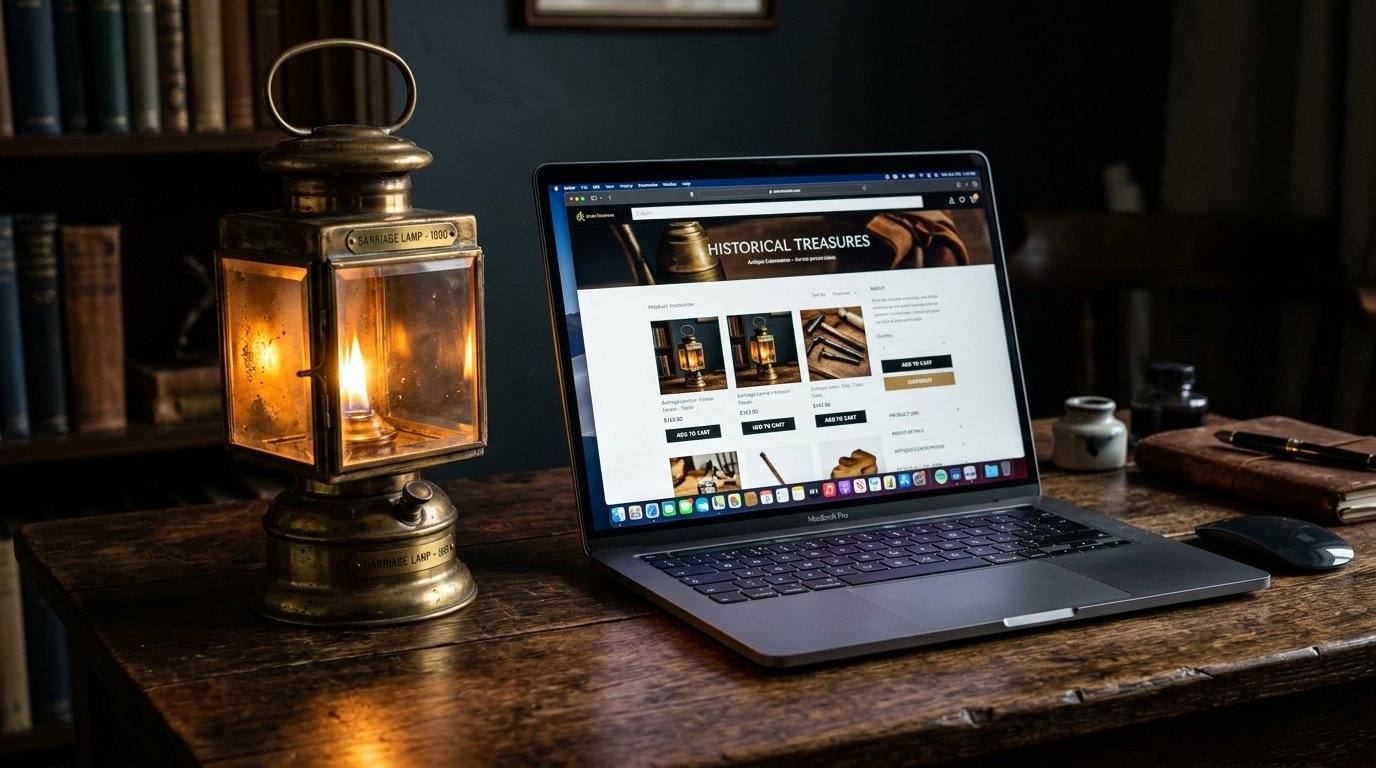 An old-fashioned metal carriage lamp with a warm flame next to a MacBook Pro on a wooden desk with books in the background.