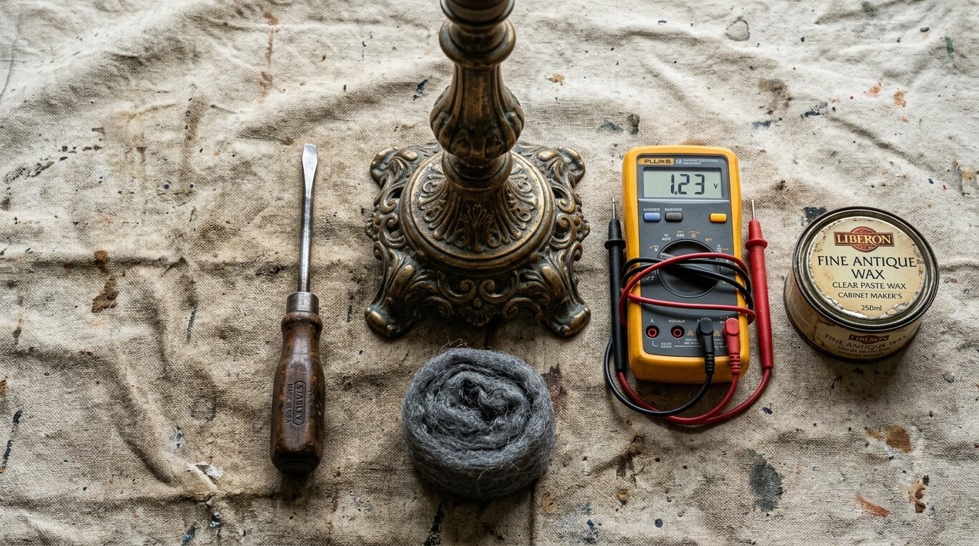 A screwdriver, steel wool, multimeter, and antique wax sitting on a worn, paint-stained drop cloth.