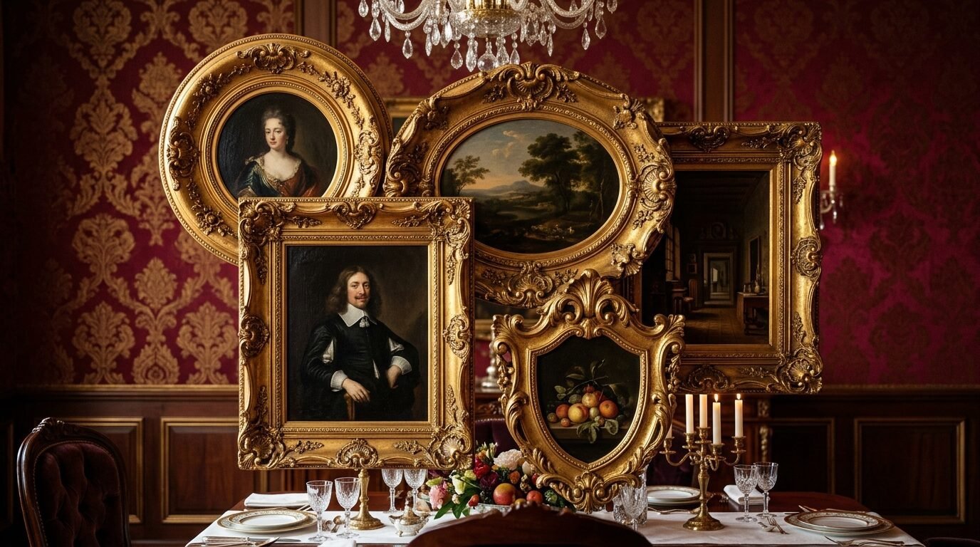 Several ornate gold-framed paintings featuring portraits and landscapes arranged on a formal dining room table.