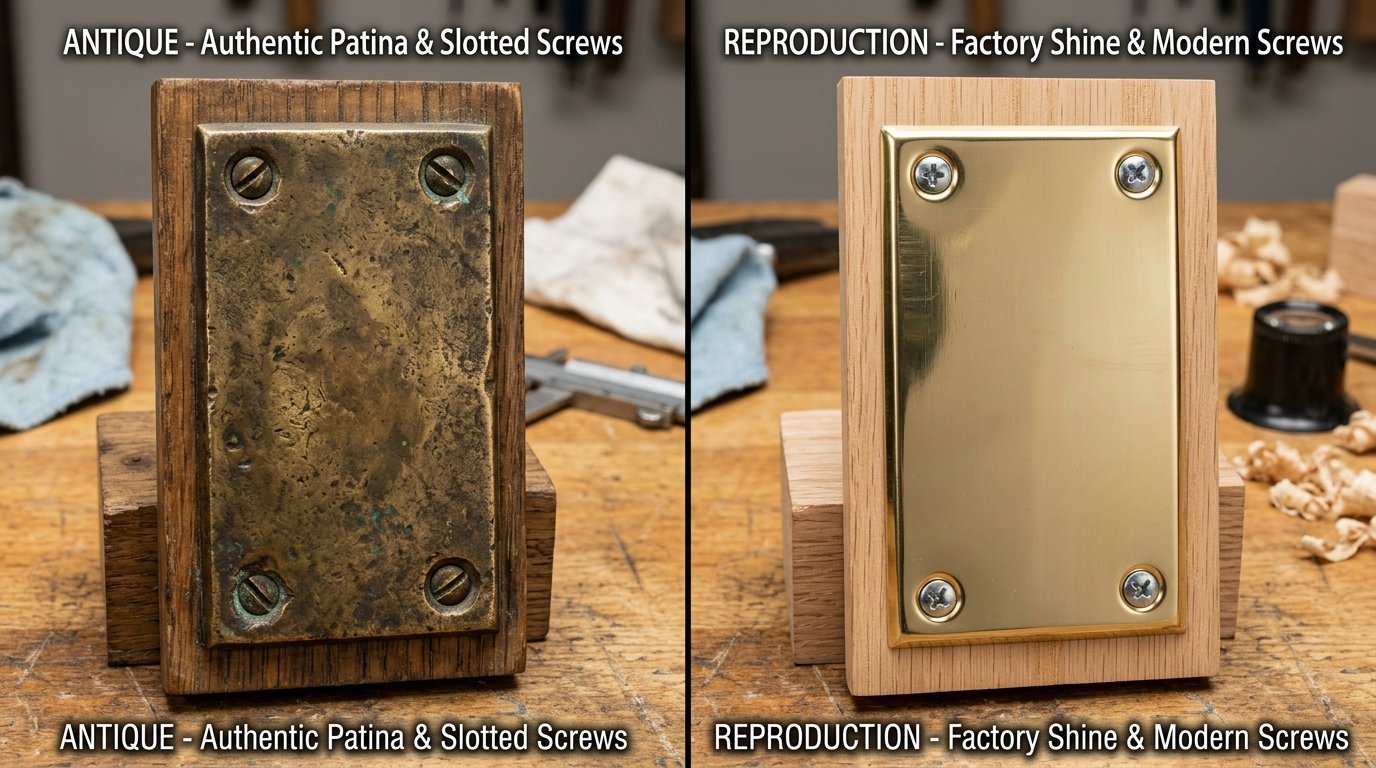 Side-by-side view of a weathered antique brass hardware plate and a shiny new replica on wooden mounts.