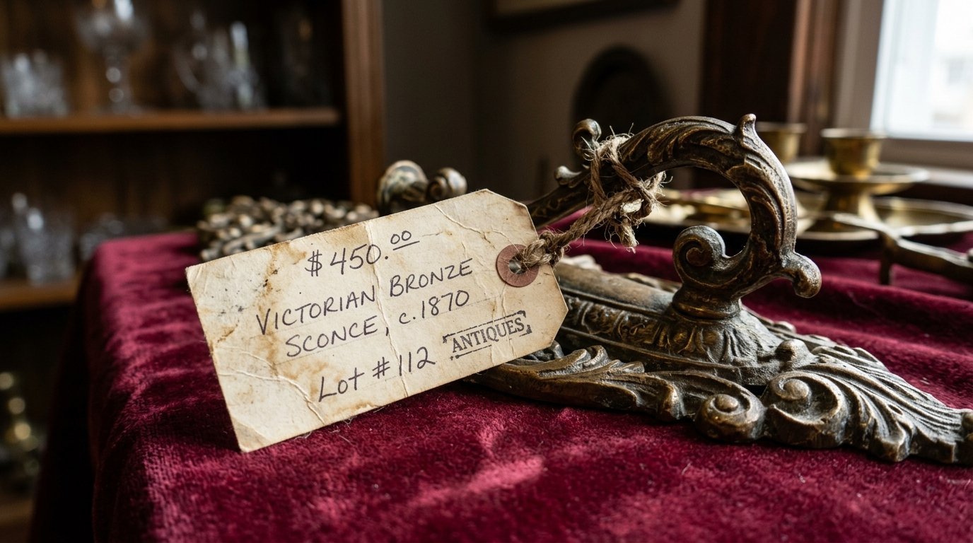 An ornate bronze sconce labeled with a paper price tag sitting on a burgundy velvet tablecloth.