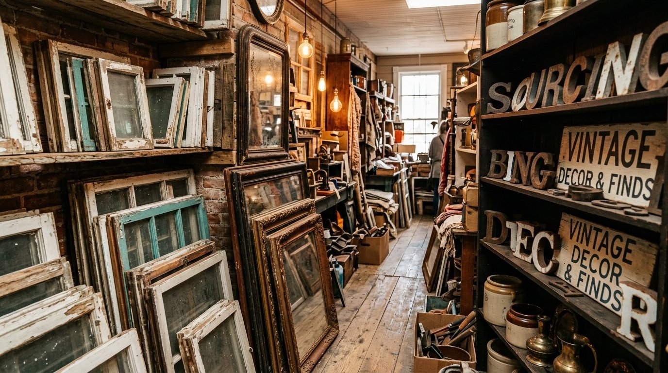 Stack of rustic wooden window frames leaning against a brick wall inside a vintage home decor store.