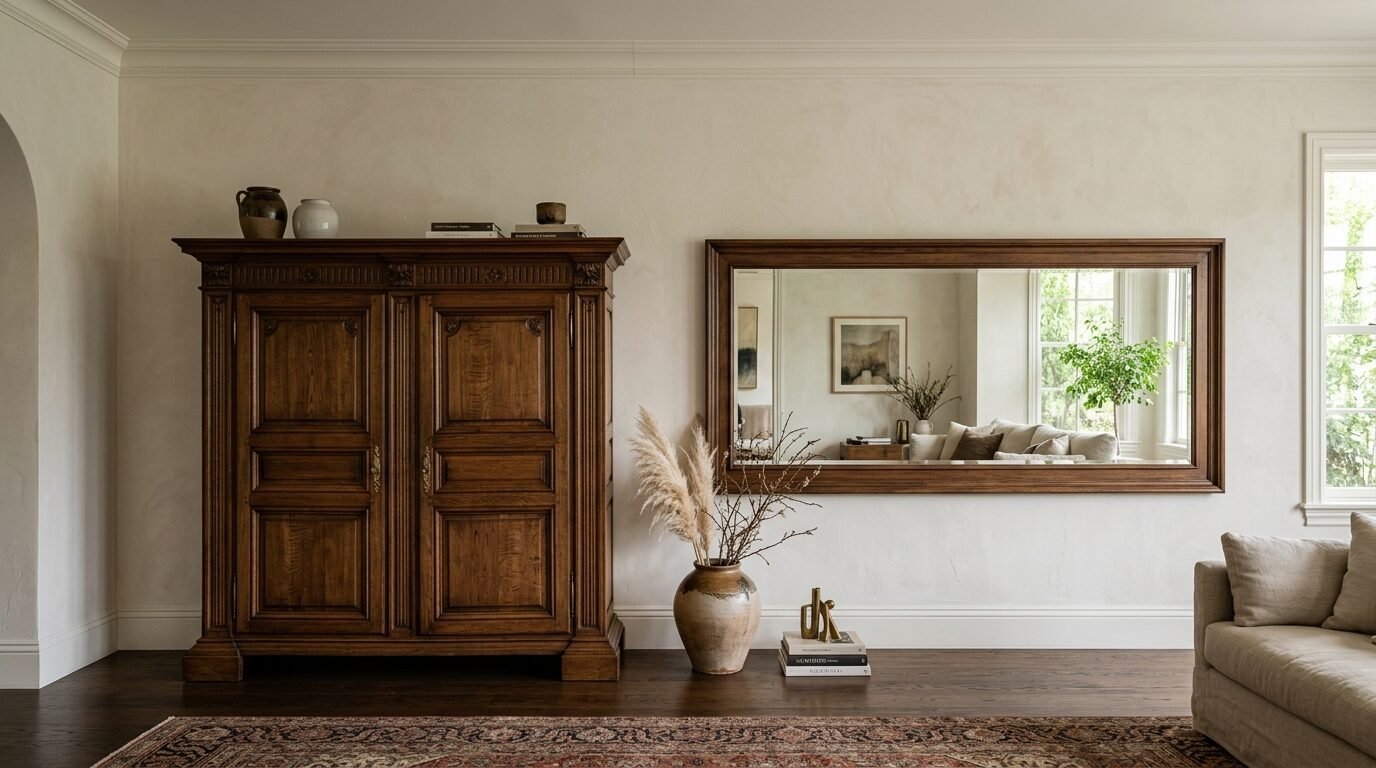 A rustic armoire and wide framed mirror stand on dark hardwood floors with a decorative ceramic vase.