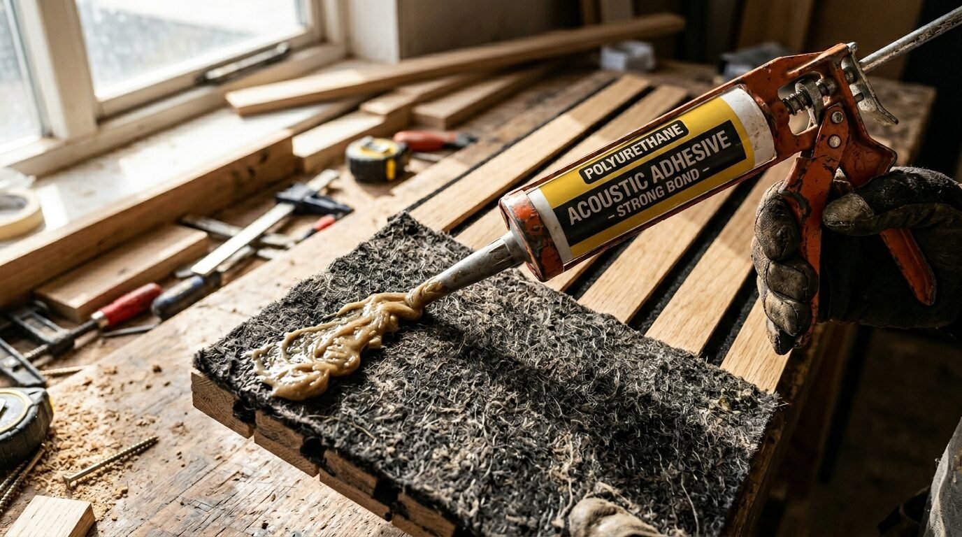 Close-up of a caulk gun spreading tan construction adhesive onto the back of a textured soundproofing acoustic panel.