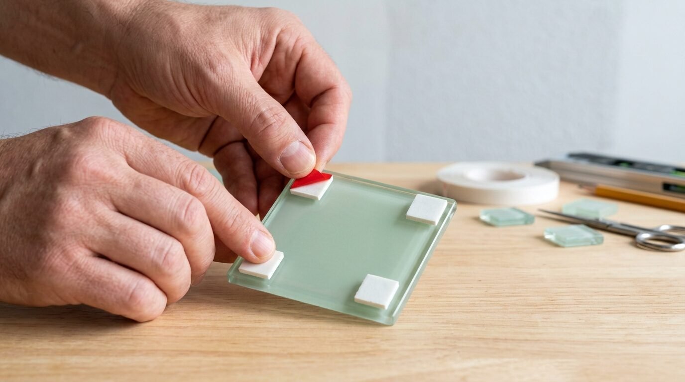Close up of hands peeling a red backing off a white foam sticker attached to a glass square.