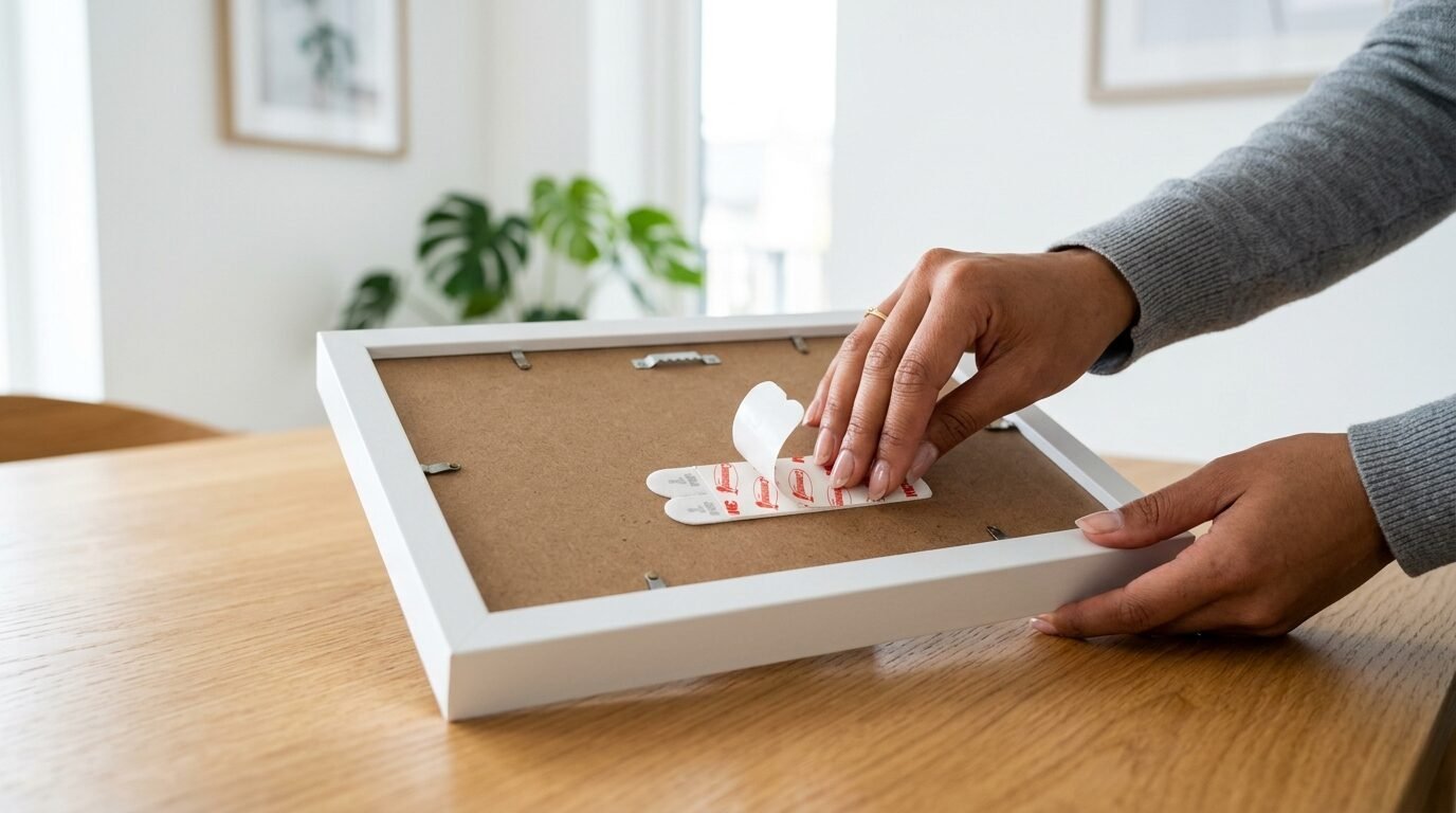 Close up of hands peeling the backing off a Command adhesive strip attached to the back of a white picture frame.