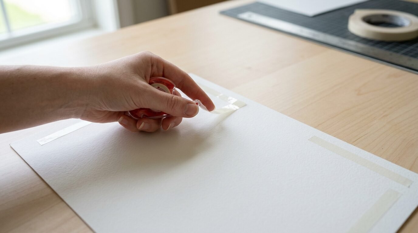 Close up of a hand securing a sheet of watercolor paper to a wooden table with adhesive tape.