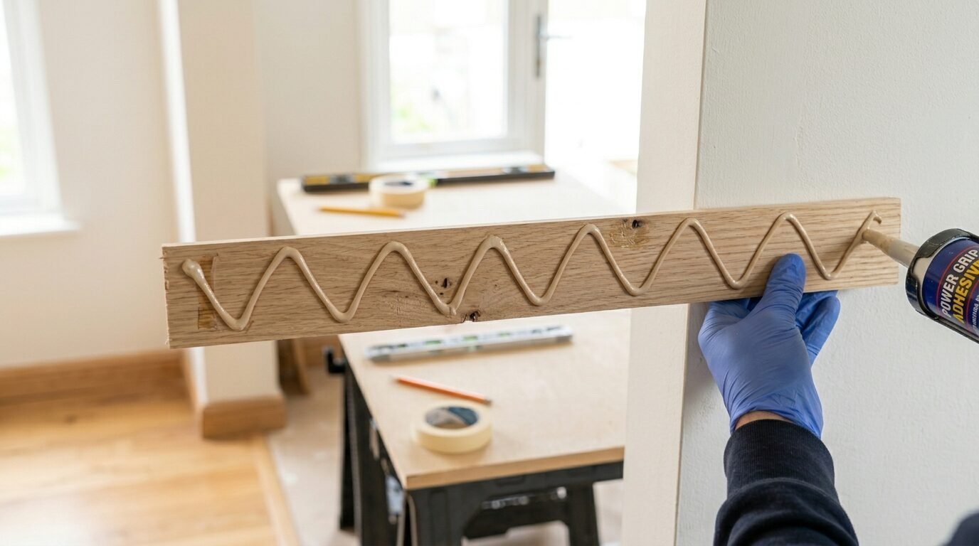 Gloved hand using a caulk gun to apply glue to a length of oak trim before mounting it on a wall.