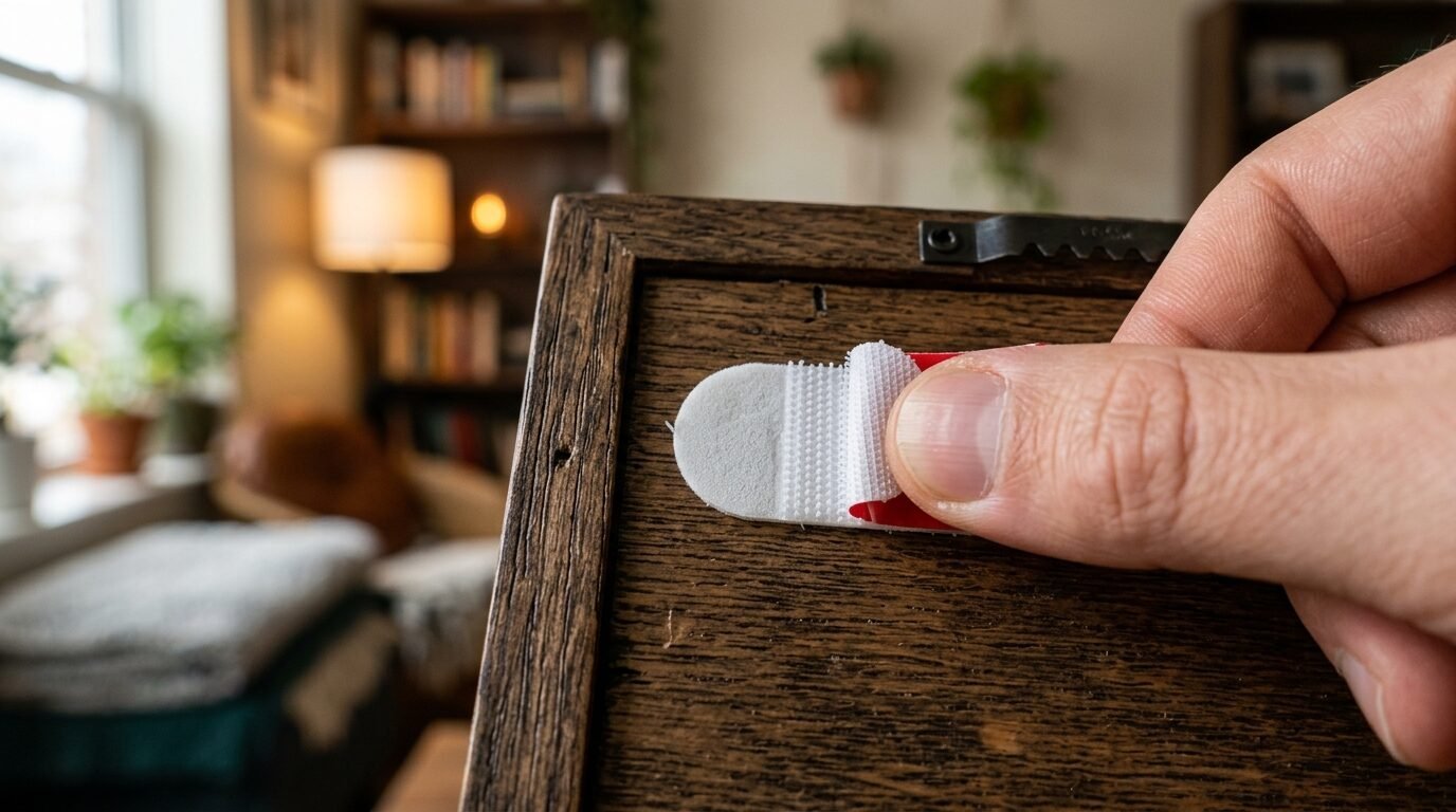 Close up of a thumb pressing a white adhesive hook-and-loop fastener onto the back of a wooden photo frame.