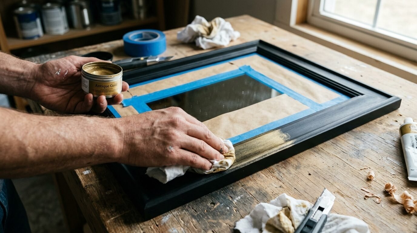 Close up of hands using a cloth to rub antique gold wax onto the edge of a black wooden frame.