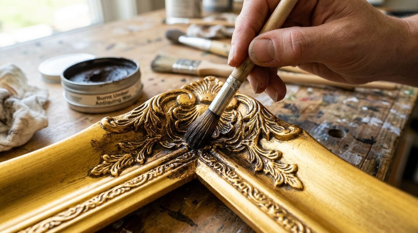Close-up of a person using a brush to apply brown wax into the intricate details of a gilded vintage frame.