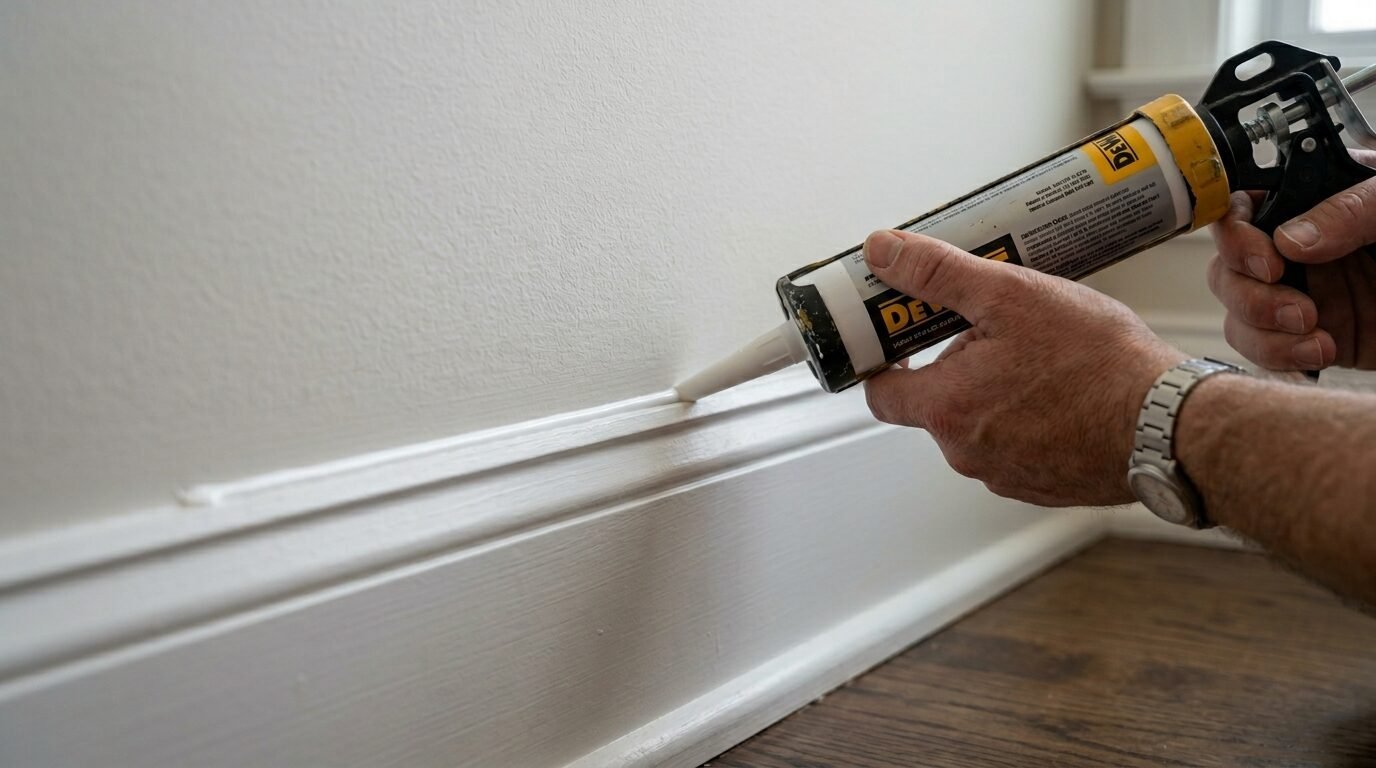 Close up of hands using a yellow Dewalt caulking gun to apply white sealant along the top of wooden baseboards.