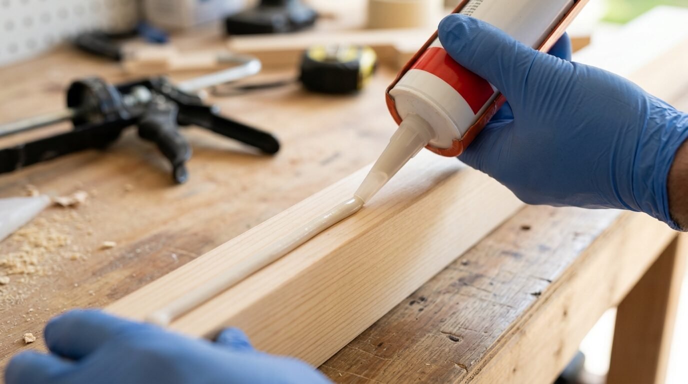 Close-up of gloved hands using a caulking gun to dispense adhesive on a raw wooden plank.