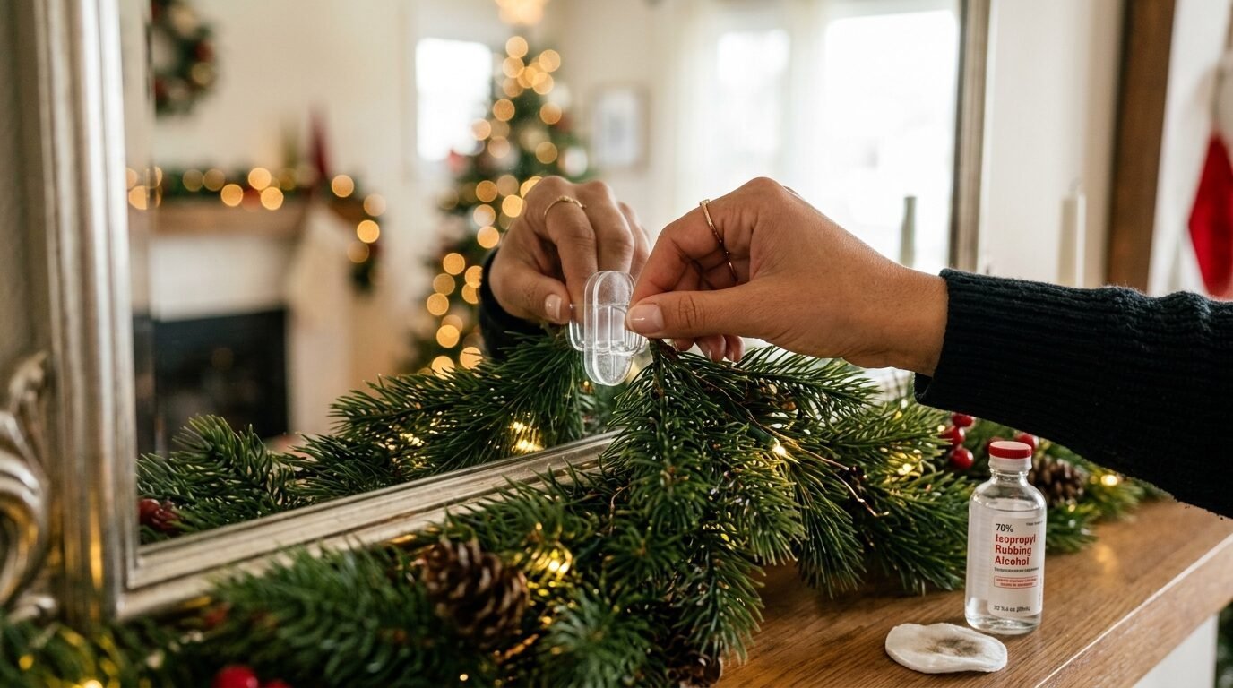 Close up of hands pressing a clear adhesive clip onto a mirror surface to hang Christmas greenery.