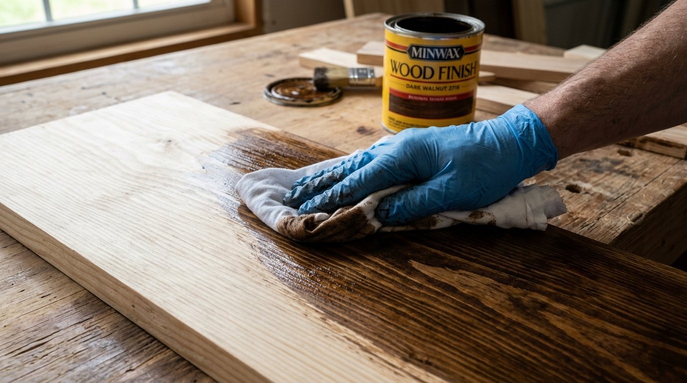 Person wearing a blue nitrile glove wipes wood stain onto a raw wooden plank using a white cloth.