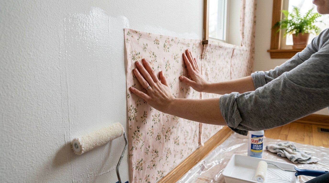 Close up of hands pressing floral fabric wallpaper onto a wall with a paint roller and starch nearby.