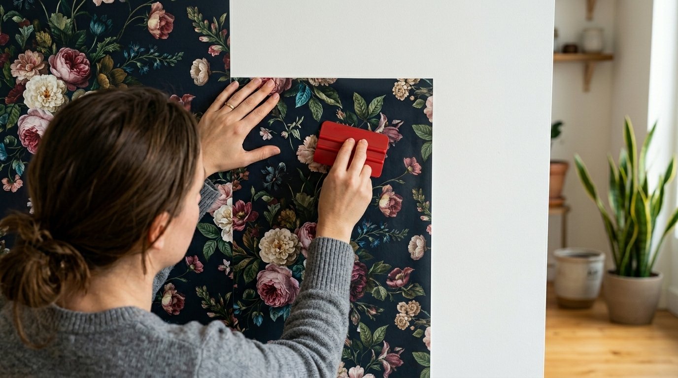 A person using a red plastic squeegee to flatten dark flowered wallpaper onto a smooth interior wall.