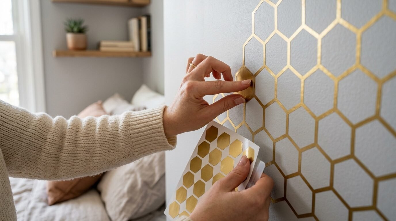 Close up of hands peeling and sticking metallic gold hexagon shapes onto a light grey bedroom wall.
