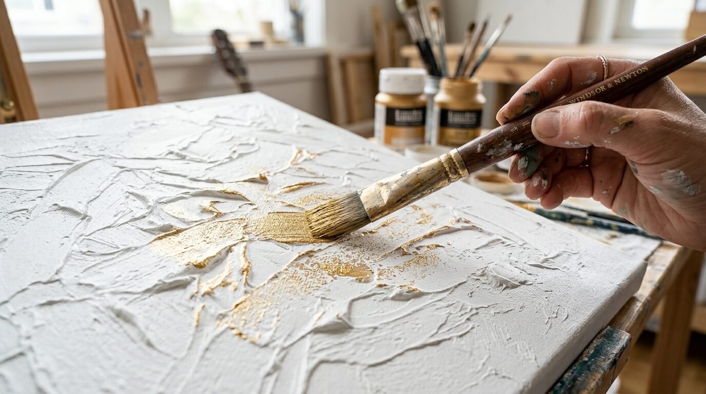 Close-up of a brush painting gold pigment onto raised white acrylic modeling paste on a canvas.