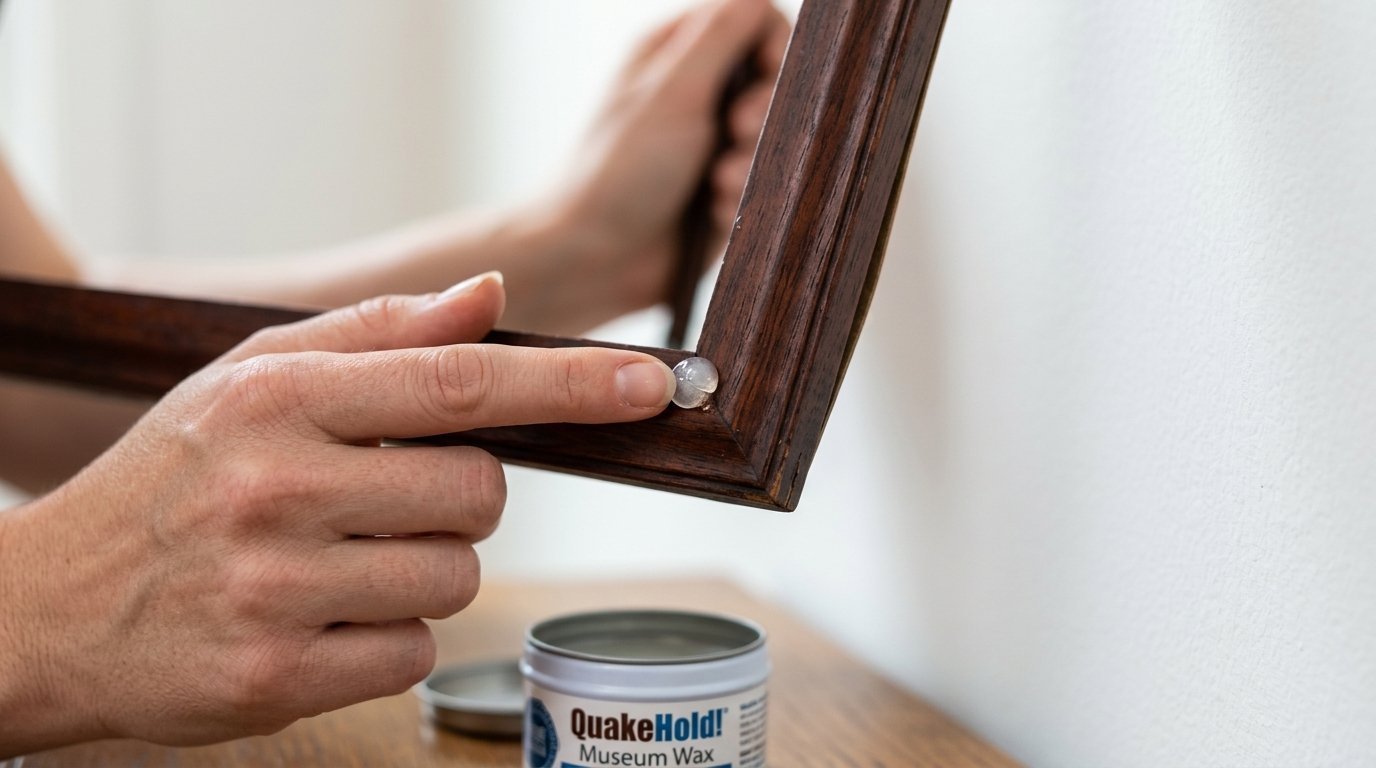 Close-up of a finger pressing a dab of museum wax onto the back corner of a dark wooden frame.