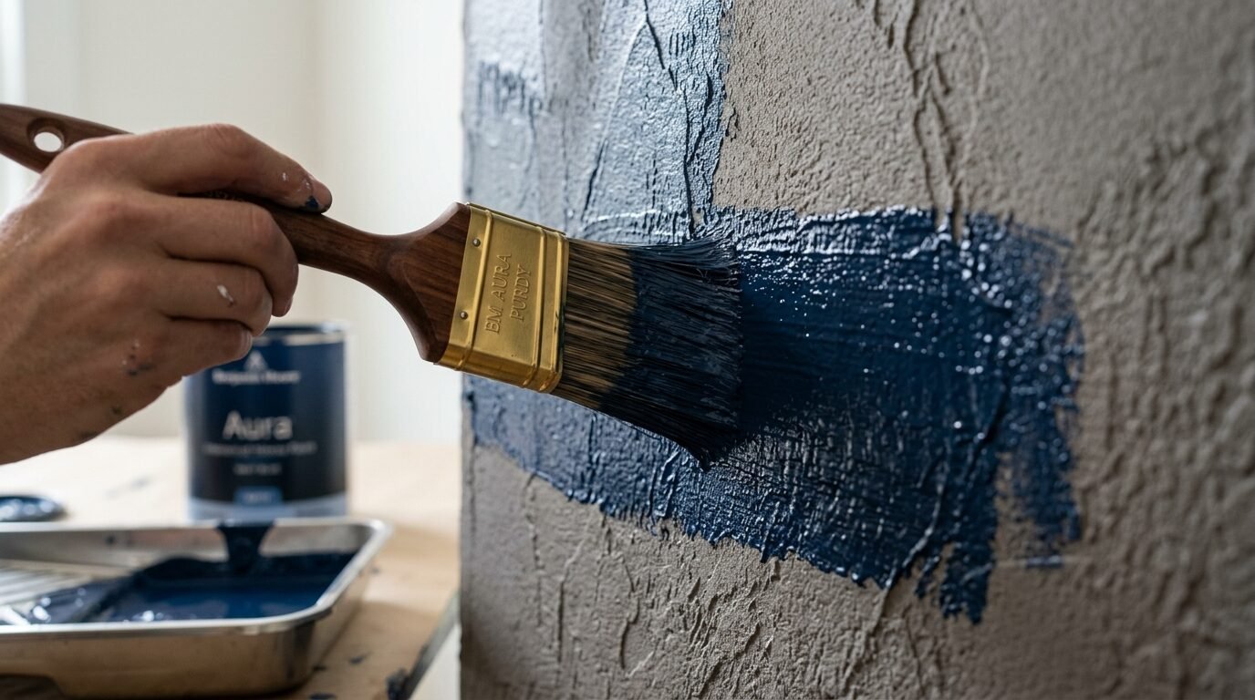 Close up of a hand holding a Purdy brush painting a rough grey wall with deep blue Benjamin Moore Aura paint.