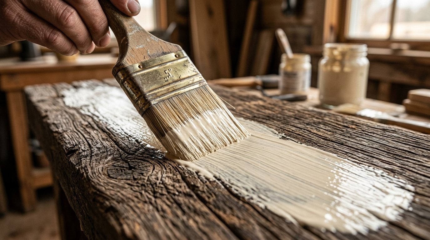 Close-up of a brush spreading white primer over a piece of weathered, textured wooden lumber.
