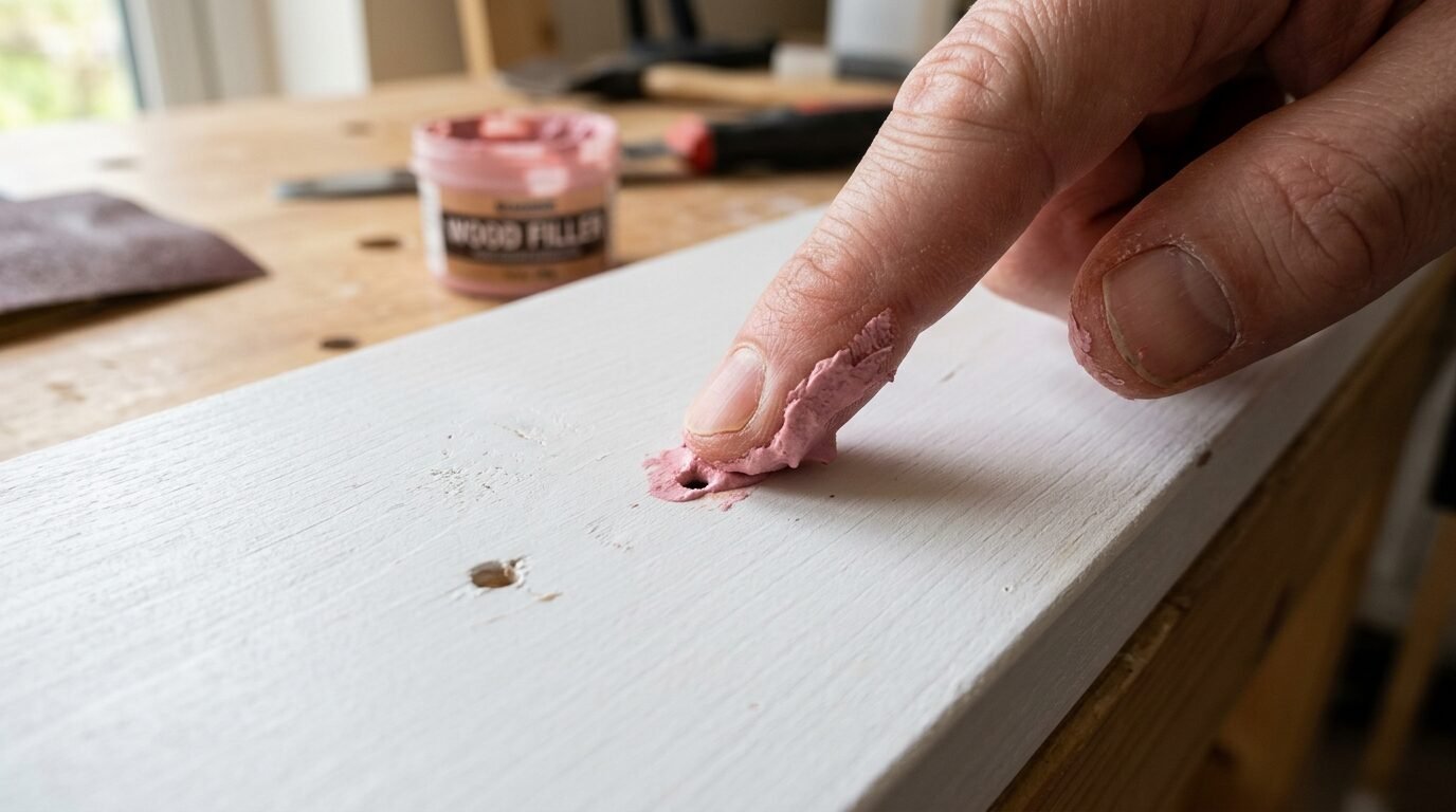Close up of a hand pressing pink wood filler into a hole on a white painted surface.