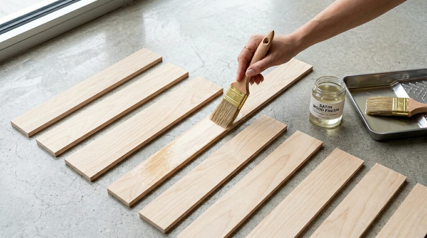 A person uses a brush to paint a clear protective coating onto raw wooden boards laid out on a concrete floor.