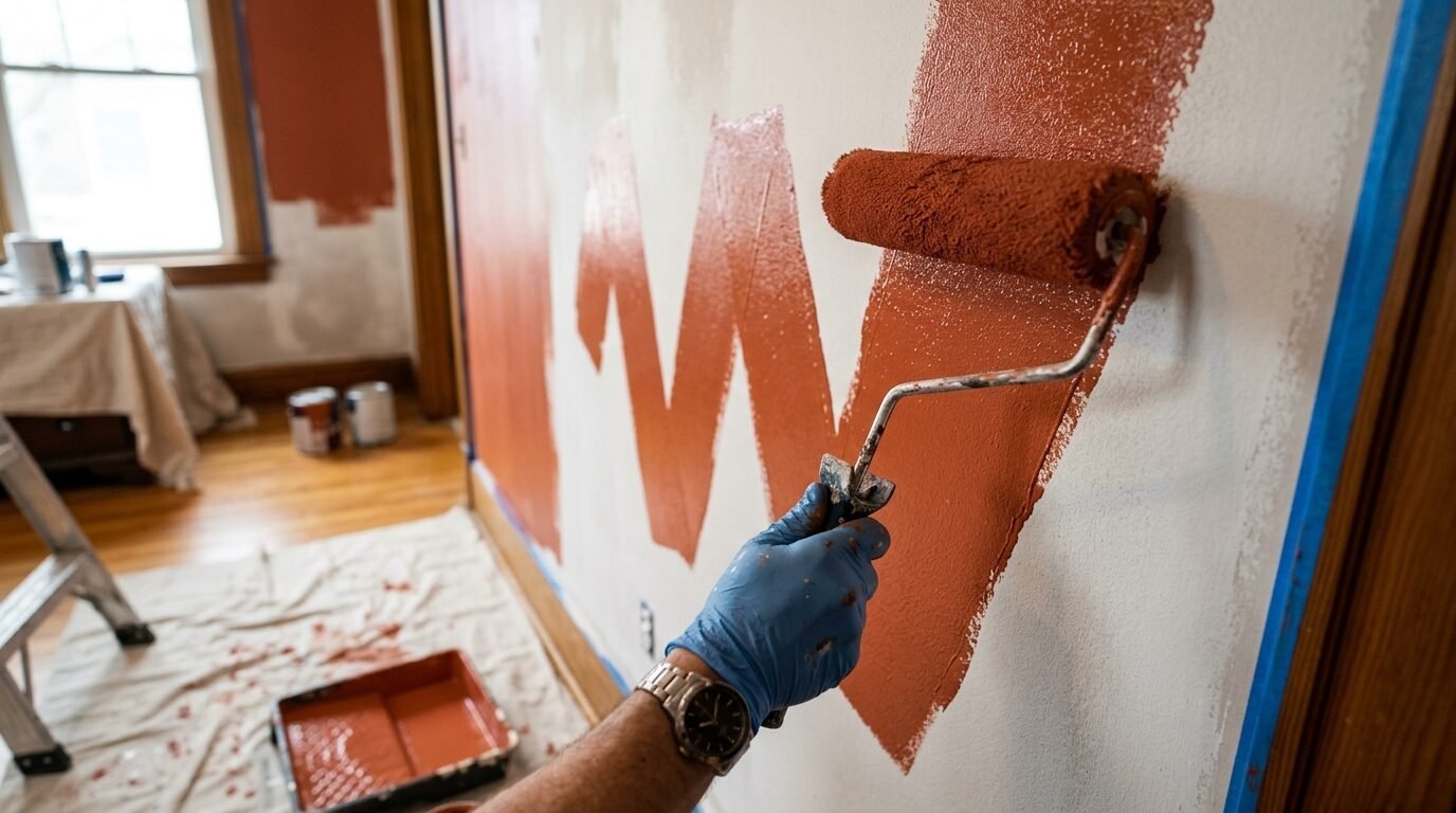 Close-up of a person using a paint roller to apply reddish-brown paint to an interior white wall.