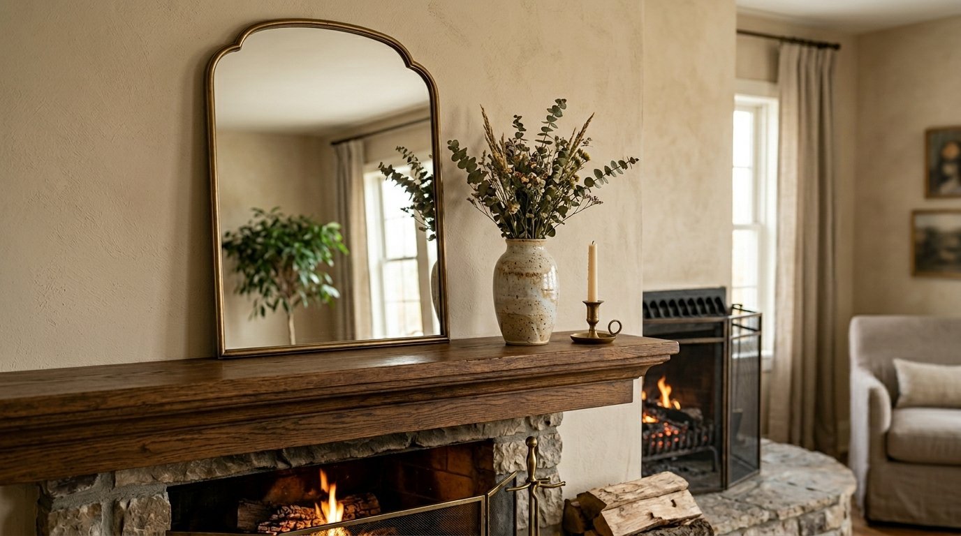 Decorative arched mirror reflects a plant next to a vase of dried flowers and a candle on a wooden mantel.