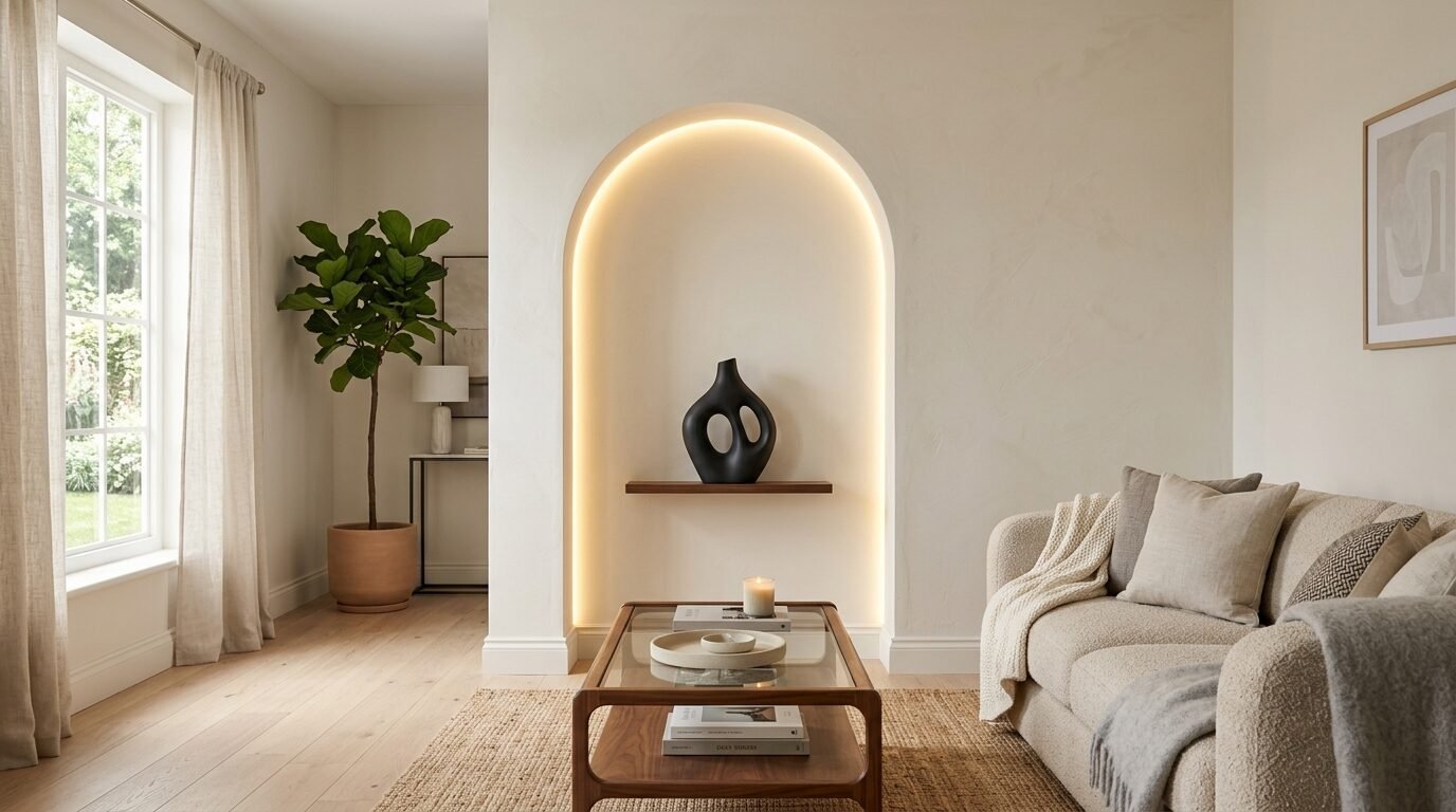 A cream colored living room with a backlit arched niche containing a modern black sculpture on a wooden shelf.