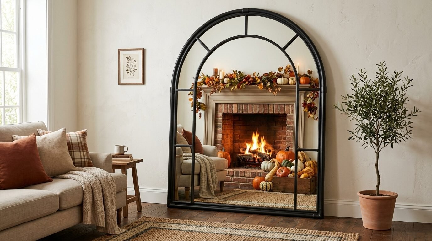An arched floor mirror with a black frame reflects a fireplace decorated with pumpkins and fall foliage.