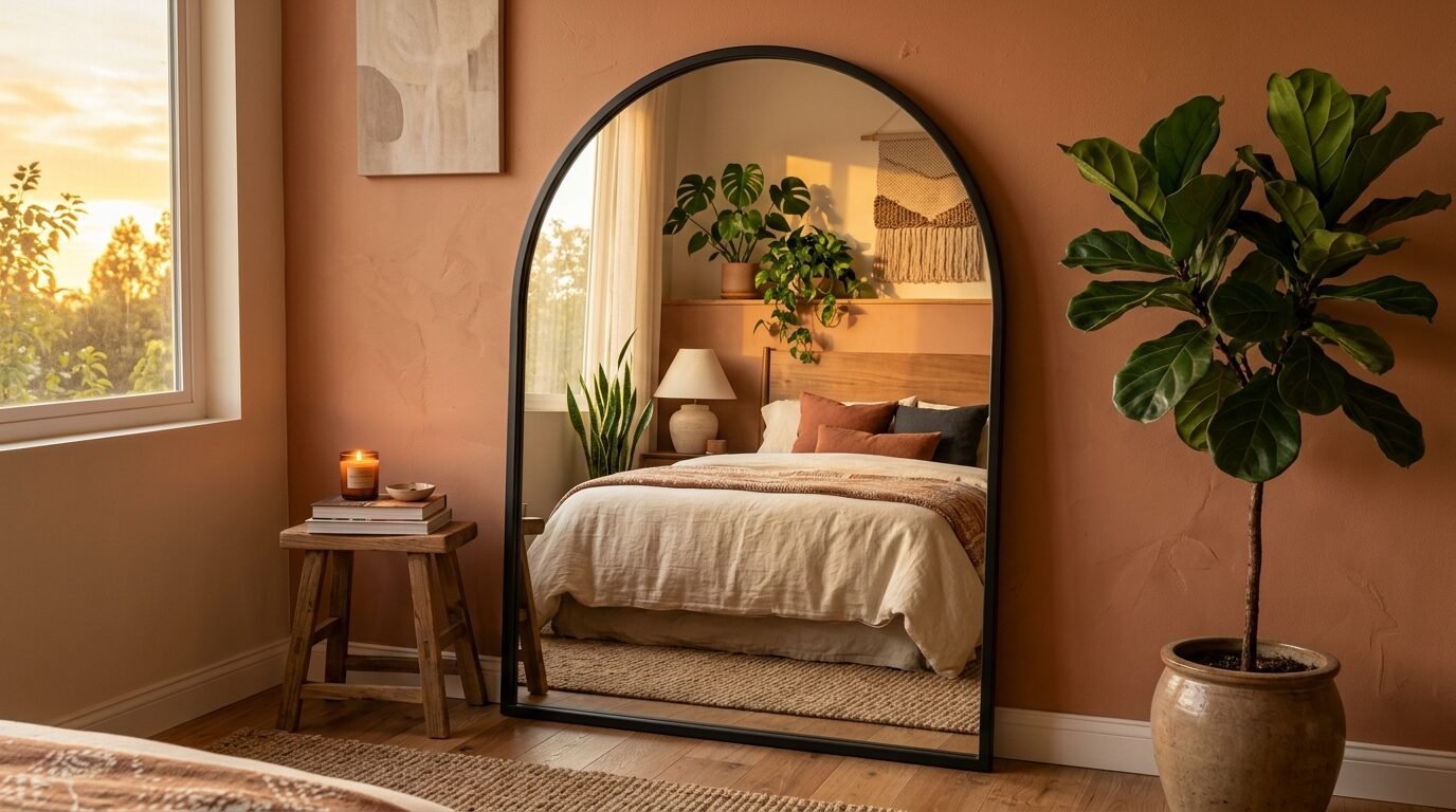 A full-length arched floor mirror with a black frame stands against a terracotta wall next to a wooden stool.