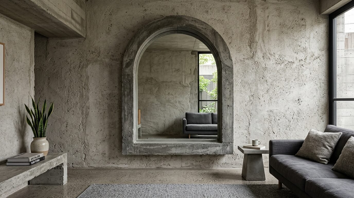 An arched concrete opening on a raw cement wall reflects a modern grey sofa in a brightly lit adjacent room.