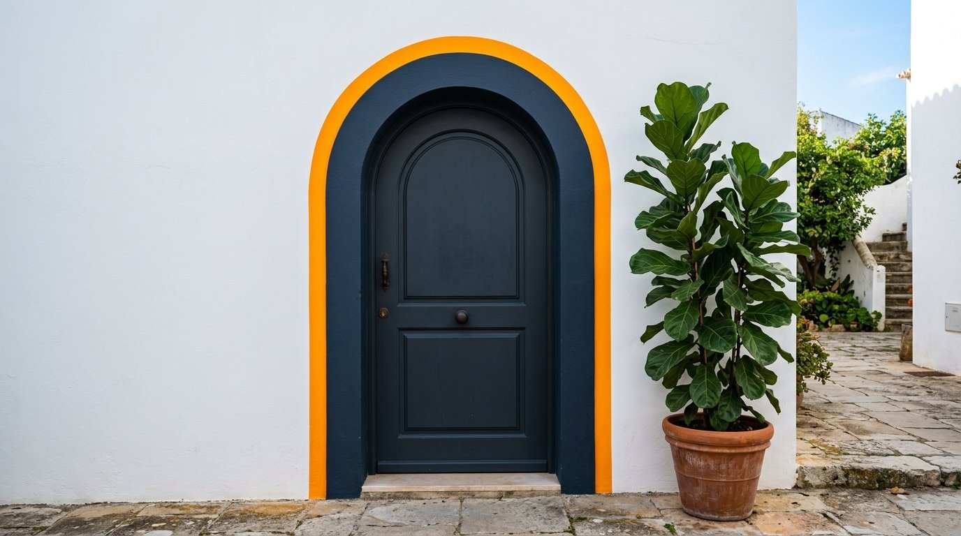 A navy blue arched door with a bright yellow border stands next to a potted fiddle leaf fig tree.
