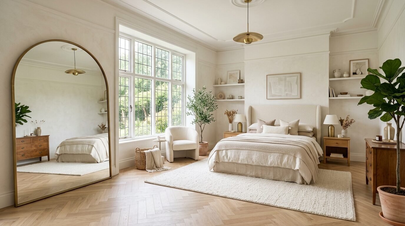 Bright, neutral bedroom featuring a large arched gold mirror, herringbone wood floor, and a plush upholstered bed.