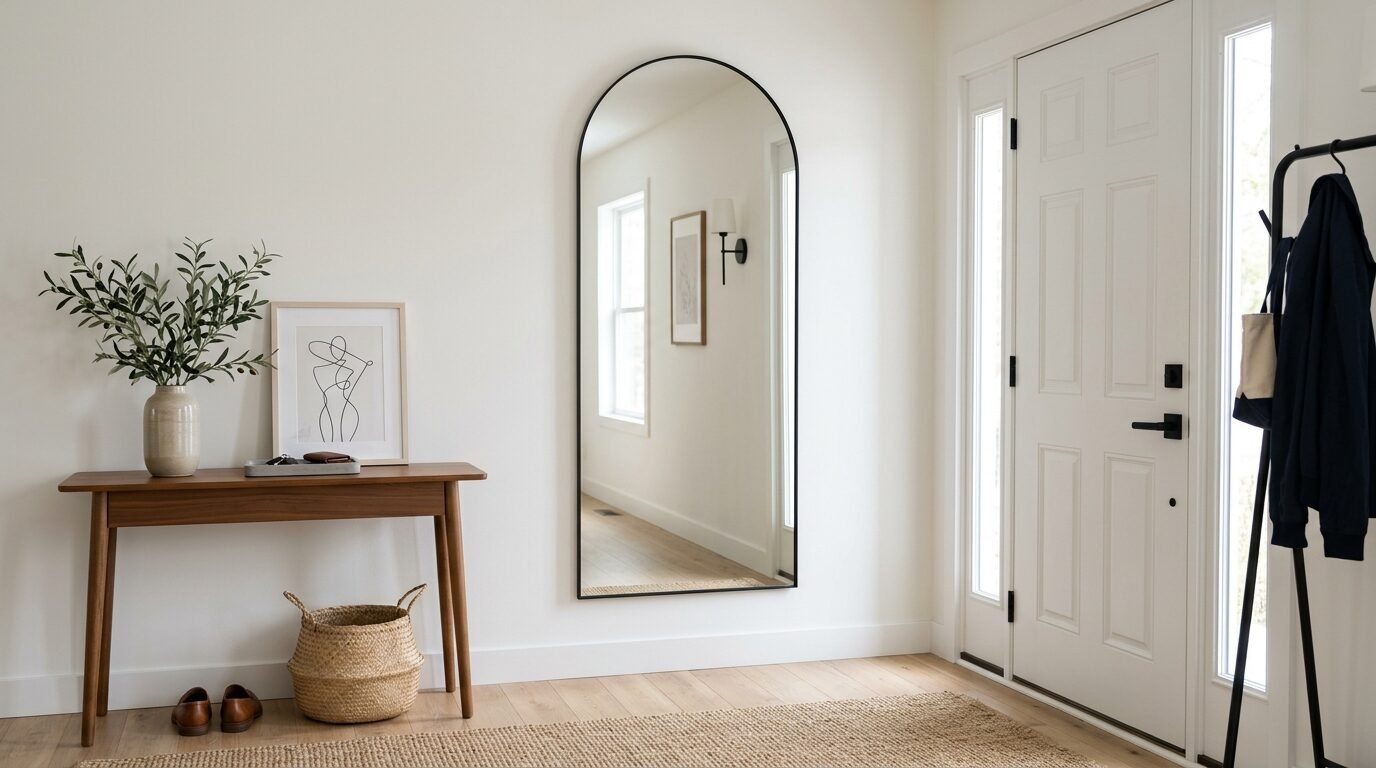 Modern hallway with a tall arched mirror, wooden console table, and a white front door with a coat rack.