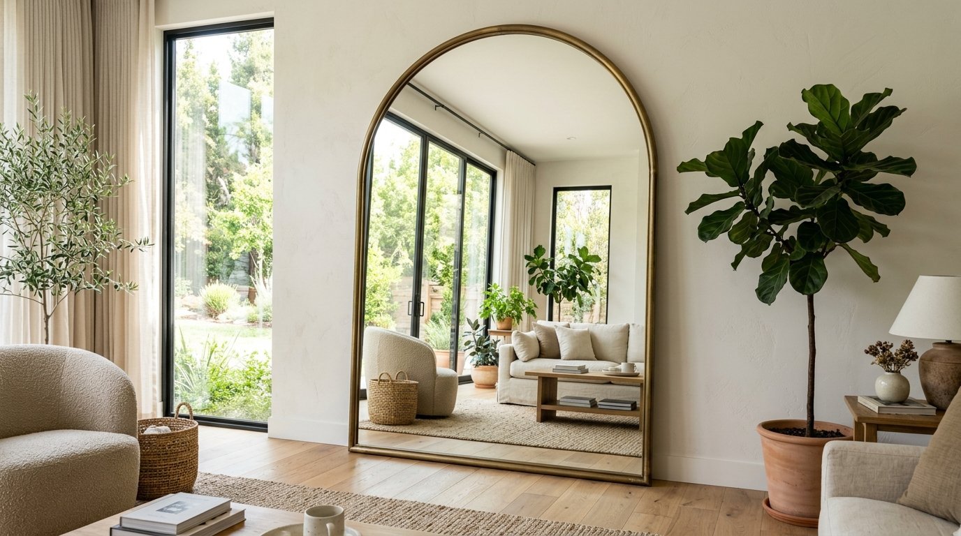 A gold-framed arched mirror leaning against a white wall in a bright, modern living room with houseplants.