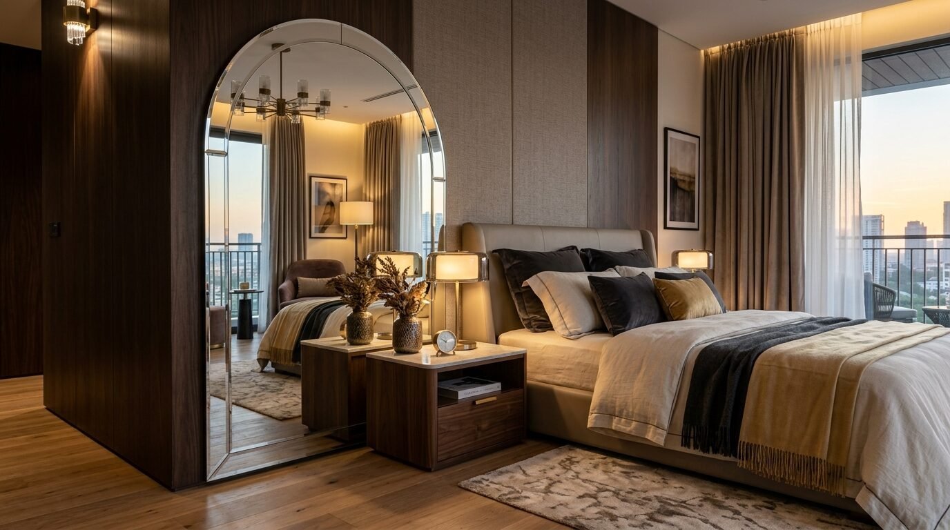Arched mirror reflecting a cozy bedroom with wooden panels and sunset city views.