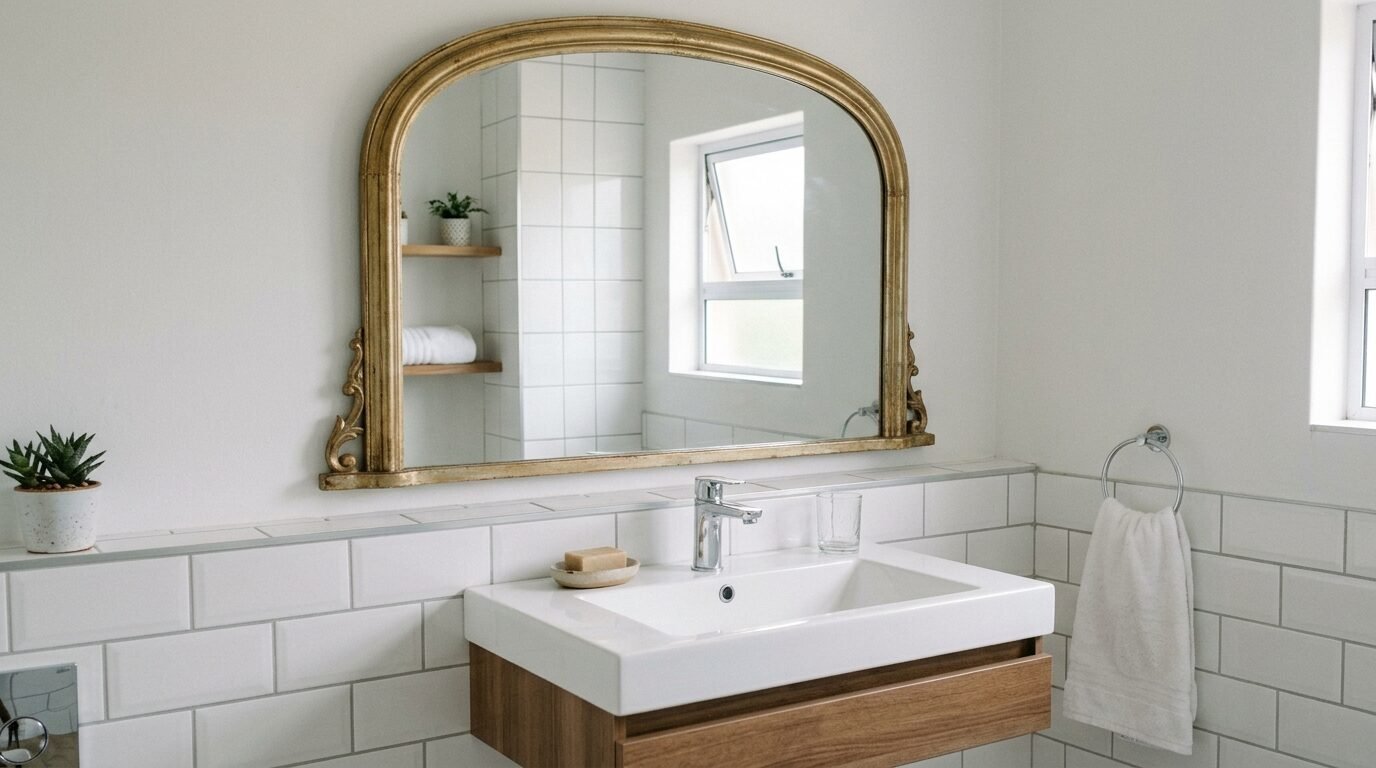 Modern bathroom sink with a floating wood vanity and a decorative ornate gold mirror on a tiled white wall.