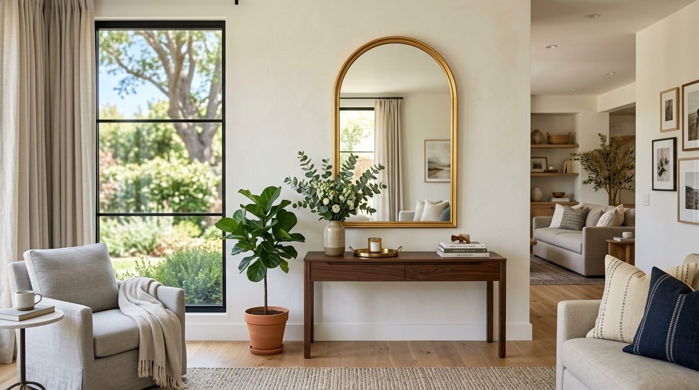 A gold-framed arched mirror hangs over a dark wood console table with a vase of eucalyptus and stacked books.