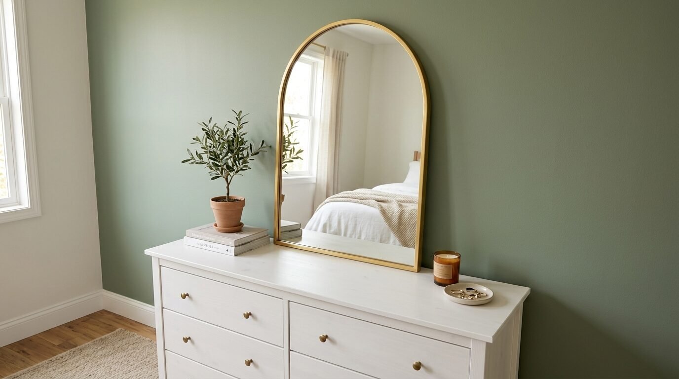 An arched mirror with a gold frame displayed on a white wooden dresser against a sage green wall.