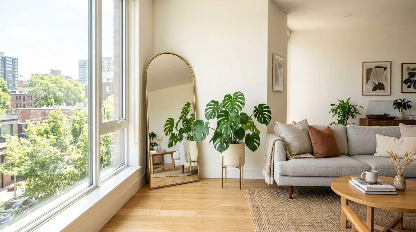 Large arched mirror with a gold frame standing next to a potted monstera plant in a bright apartment.