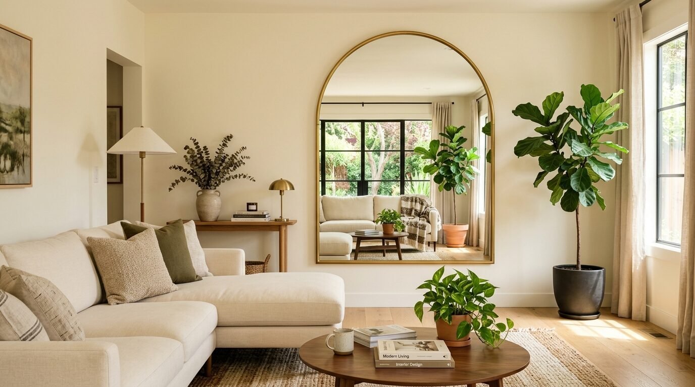 A cream sectional sofa faces a round coffee table in a sunlit room with a large arched gold mirror reflecting the space.